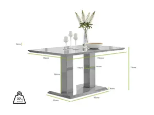 Imperia Grey High Gloss 6 Seater Dining Table with Structural 2 Plinth Column Legs 6 Beige Faux Leather Silver Leg Corona Chairs