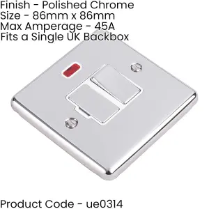 1 Gang Single 45A Cooker Switch & Neon - POLISHED CHROME & WHITE TRIM Rocker DP