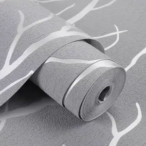 Grey Tree Texture Patterned Suede Effect No Woven Embossed Wallpaper