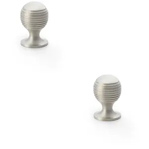 2 PACK - Reeded Ball Door Knob - 25mm Diameter Satin Nickel Lined Cupboard Pull Handle