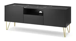 Sleek Harmony TV Cabinet H550mm W1440mm D370mm in Black & Black Marble - Sophisticated Storage for Modern Entertainment