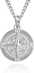 Mens Silver Compass Pendant Necklace | 20/22 Inches | 50cm-55cm | Hand Crafted | Personalised & Engraved