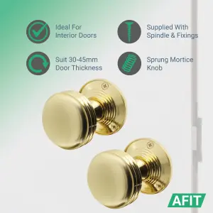 AFIT Lined Door Knob Set Polished Brass - 1 Pair of Mortice Knobs (55mm), Latch (76mm) & Hinges (76mm) for Internal Doors