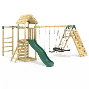 Rebo Wooden Climbing Frame with Swings, Slide, Up & over Climbing wall and Monkey Bars - Pyrennes