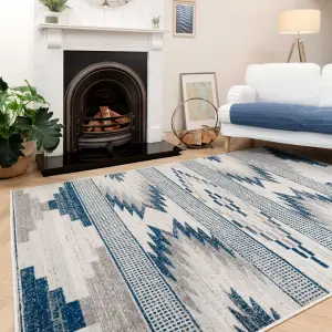 Navy Blue Grey Tribal Geometric Low Pile Soft Living Area Rug 120x170cm