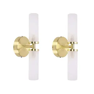 ValueLights Canya Brushed Gold 2 Way Wall Light Glass Shade Bathroom Light - Set of 2 - Bulbs Included