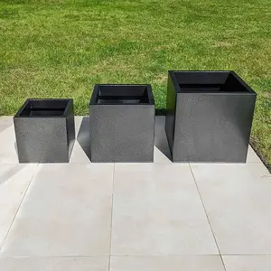 40cm Zinc Silver & Black Textured Square Planter