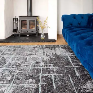 Charcoal Grey Distressed Abstract Reversible Chenille Living Area Rug 150x230cm