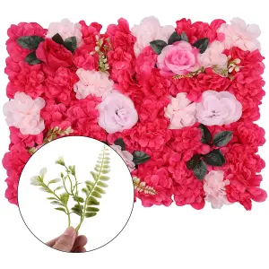 Artificial Flower Wall Backdrop Panel, 60cm x 40cm, Pink with Green Leaves