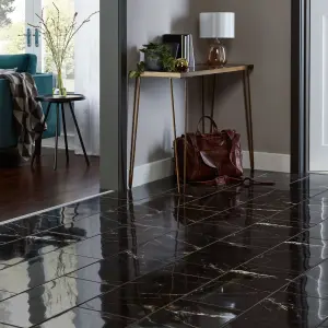 Colours Elegance Black Gloss Marble effect Ceramic Indoor Wall & floor Tile, Pack of 7, (L)600mm (W)300mm