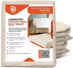 PRIMES DIY Laminated Twill Professional Quality Dust Sheet 12 x 9 ft, Heavy Weight Cotton Painting & Decorating, Durable,  1PC