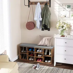 VASAGLE Shoe Storage Cabinet, Cushioned Shoe Bench, 10 Compartments for Entryway, Shoe Rack Shelf, Rustic Brown