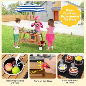 Costway Wooden Mud Kitchen Outdoor Kitchen Playset with Umbrella Sink Storage Cabinet