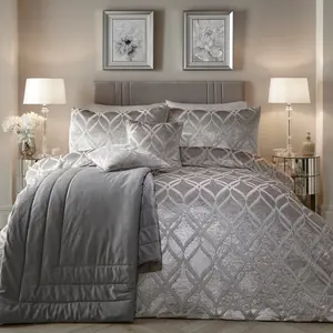 Velvet Geometric Shapes Duvet Cover Set with Pillowcases Silver / Super King - 2 Standard Pillowcases