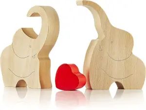 Loving Wooden Elephant Couple Figurine with Red Heart - Heartfelt Ornament Decor Gift with a Message of Love