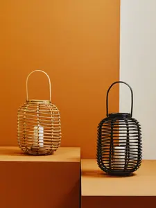 Interiors by Premier Sustainable Natural Rattan Lantern, Rounded Modern Black Candle Lantern, Versatile Tealight Lantern