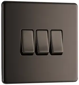 BG FBN43 Nexus Screwless Flat-Plate Triple Light Switch Black Nickel 2 Way 10A