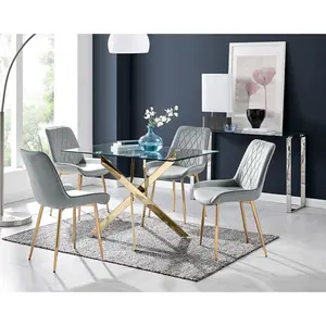 Lenworth Glass Rectangular Dining Table Set with 4 Luxury Velvet Chairs Grey/Gold / Gold