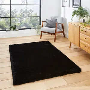 Black Shaggy Modern Plain Machine Made Rug for Living Room and Bedroom-60cm X 120cm