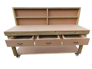 Wooden MDF top workbench, tool cabinet with drawers (V.1) (H-90cm, D-70cm, L-240cm) with back and wheels