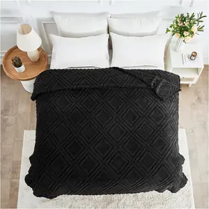 Large Sherpa Fleece Blanket  Fluffy Throw For Sofas, Bed, Armchair Jacquard Pattern King Size Throw Thermal Black