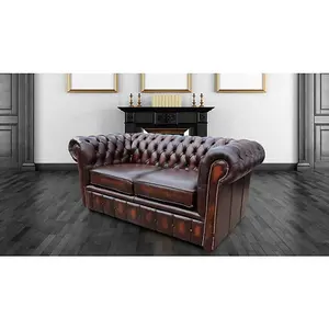 Chesterfield 2 Seater Antique Brown Leather Sofa Settee In Classic Style