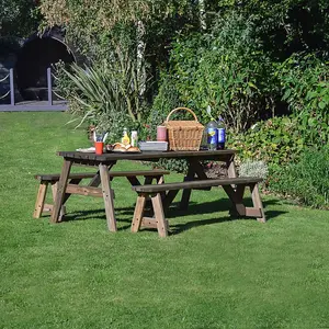 Oakham 6ft Rounded Picnic Table and Bench Set - L183 x W91 x H72 cm - Rustic Brown