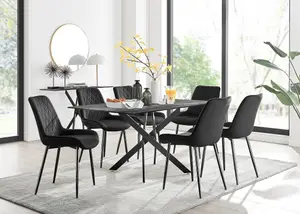 Furniturebox UK Leonardo Grey Glass Marble Effect Black Leg Table & 6 Black Pesaro Black Leg Chairs