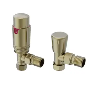 Right Radiators Brushed Brass Angled TRV Thermostatic & Lockshield Radiator Valves 15mm x 1/2" One Pair