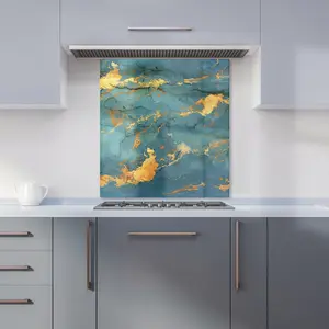 Gold And Azure Marble Effect Premium Glass Kitchen Splashback W700mm x H650mm