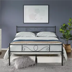 Yaheetech Black 4ft6 Double Metal Bed Frame with Scroll Design Headboard and Footboard