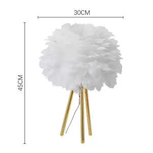 White Chic LED Feather Bedroom Bedside Table Lamp with Gold Tripod Legs 30cm x 45cm