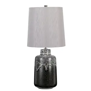 Table Lamp White Drip Glaze Faux Linen Tapered Cylinder Silver Shade LED E27 60W