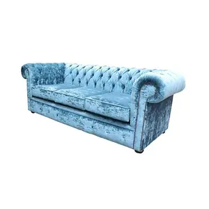 Chesterfield Handmade 3 Seater Sofa Settee Modena Denim Blue Velvet Fabric In Classic Style