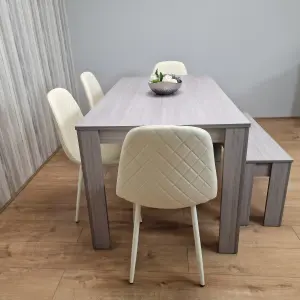 Dining Table Set In Grey, 4 Diamond-Pattern Cream Chairs, and 1 Bench. Kitchen Dining Table for 4