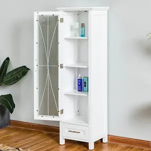 Teamson Home Freestanding Tall Column Bathroom Cabinet with Glass Panelled Door, Bathroom Storage, White