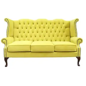 Chesterfield 3 Seater High Back Sofa Amalfi Buttercup Yellow Velvet Fabric In Queen Anne Style