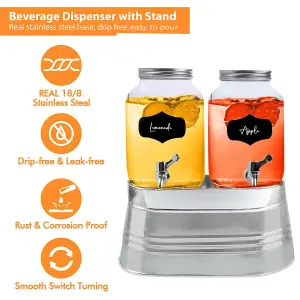 2 x 4 Litre Glass Beverage Drinks Dispenser Jug Jar Lid Juice Cocktail BBQ Party