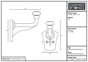 Hammer & Tongs - Flat Top Larder Hook - W40mm x H70mm - Black