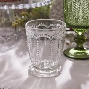 Set of 2 Vintage Luxury Clear Embossed Short Drinking Glass Whiskey Glass Tumblers 340ml