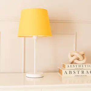 ValueLights Charles White Single Stem Table Lamp with Mustard Tapered Lamp Shade and LED Bulb