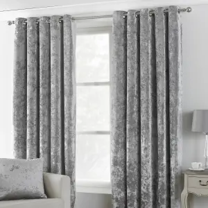 Paoletti Silver Verona Crushed Velvet Eyelet Curtain Pair (W) 229cm x (L) 229cm