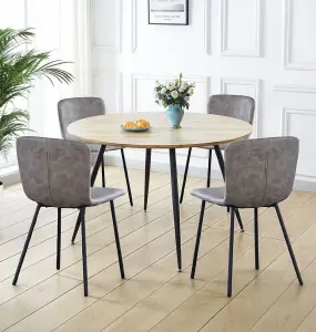 Hallowood Furniture Cullompton Large Round Dining Table with Light Oak Effect Top (120cm) with 4 Grey Leather Effect Chairs