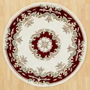 Handmade Bordered Floral Easy to Clean Cream Red Traditional Wool Rug for Living Room & Bedroom-120cm X 180cm