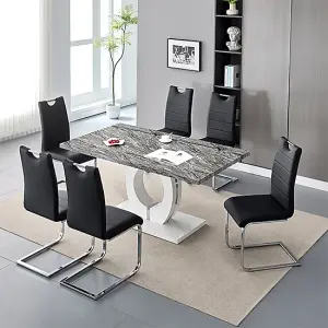 Furniture In Fashion Halo Melange Marble Effect Dining Table 6 Petra Black Chairs