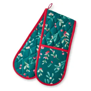 Catherine Lansfield Christmas Holly and Mistletoe Cotton Kitchen Double Oven Glove Green