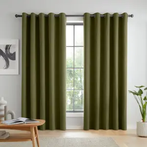 Catherine Lansfield Wilson Blackout Thermal  168x183cm Curtains Two Panels Olive Green