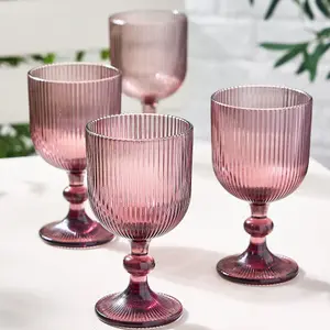 Set of 8 Vintage Luxury Pink Ribbed Drinking Wine Glass Wine Goblets 360ml