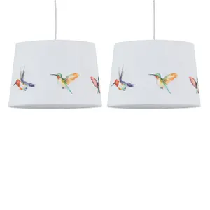 First Choice Lighting Set of 2 Hummingbird Bird Print Linen Easy Fit 28cm Pendant or Table Lamp Shades