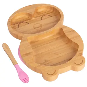 Bamboo Penguin Baby Weaning Plate & Fork Set - Pink